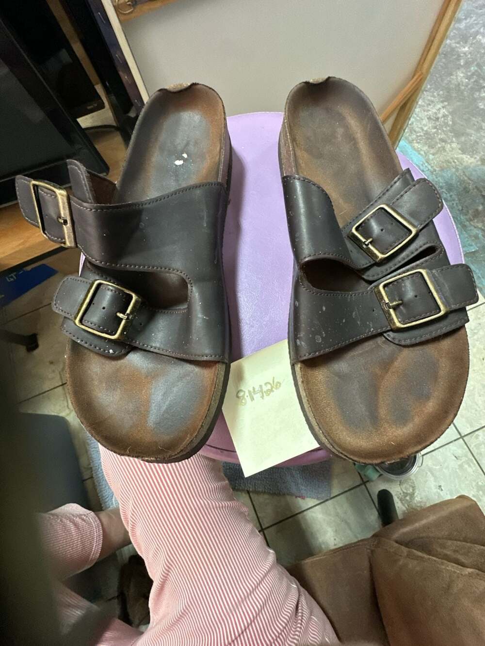 Mountain Sole  men’s Double Buckle Slide Sandal Brown Leather Used-Good